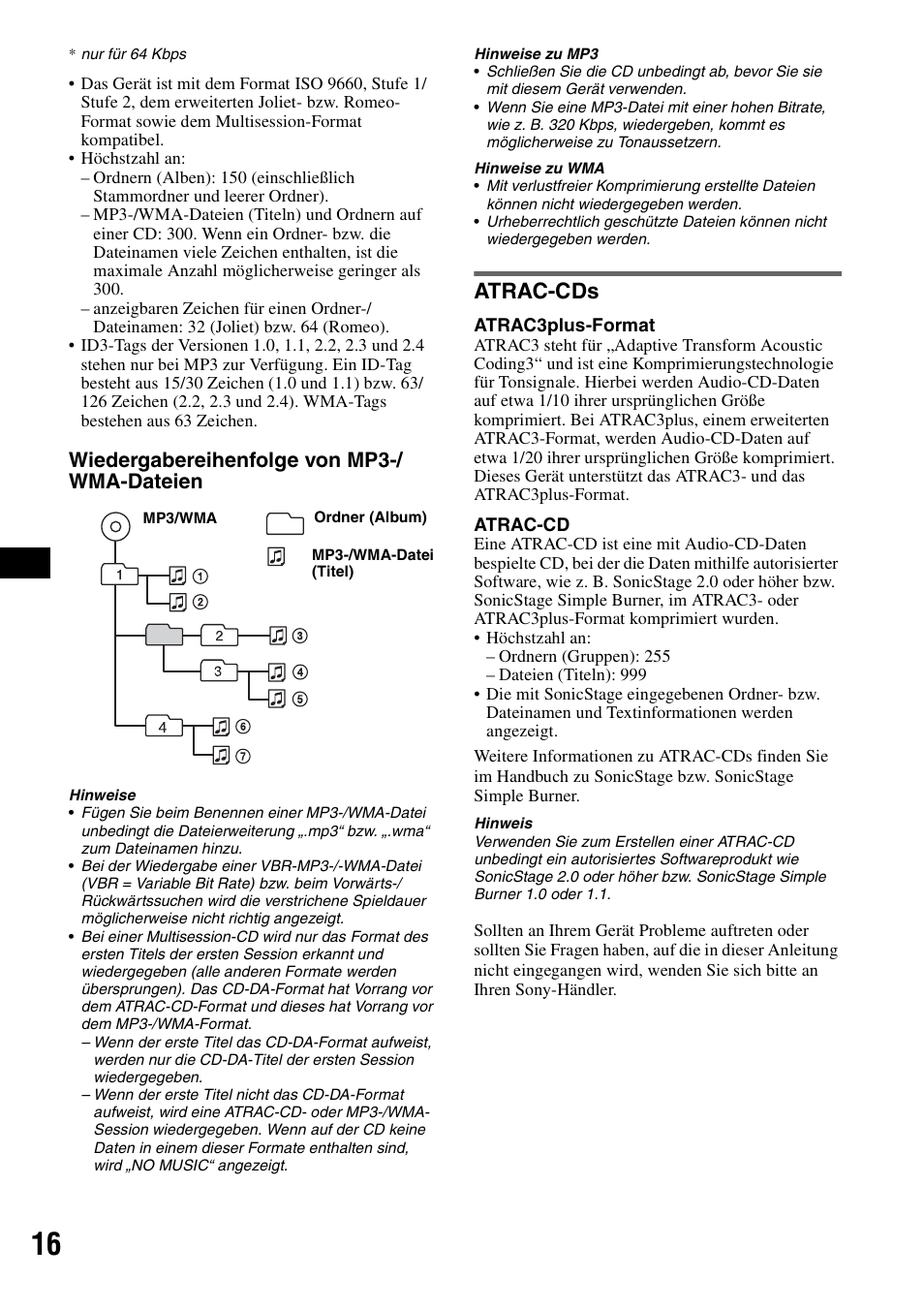 Atrac-cds, Seite 16, Wiedergabereihenfolge von mp3-/ wma-dateien | Sony CDX-GT300S User Manual | Page 34 / 100