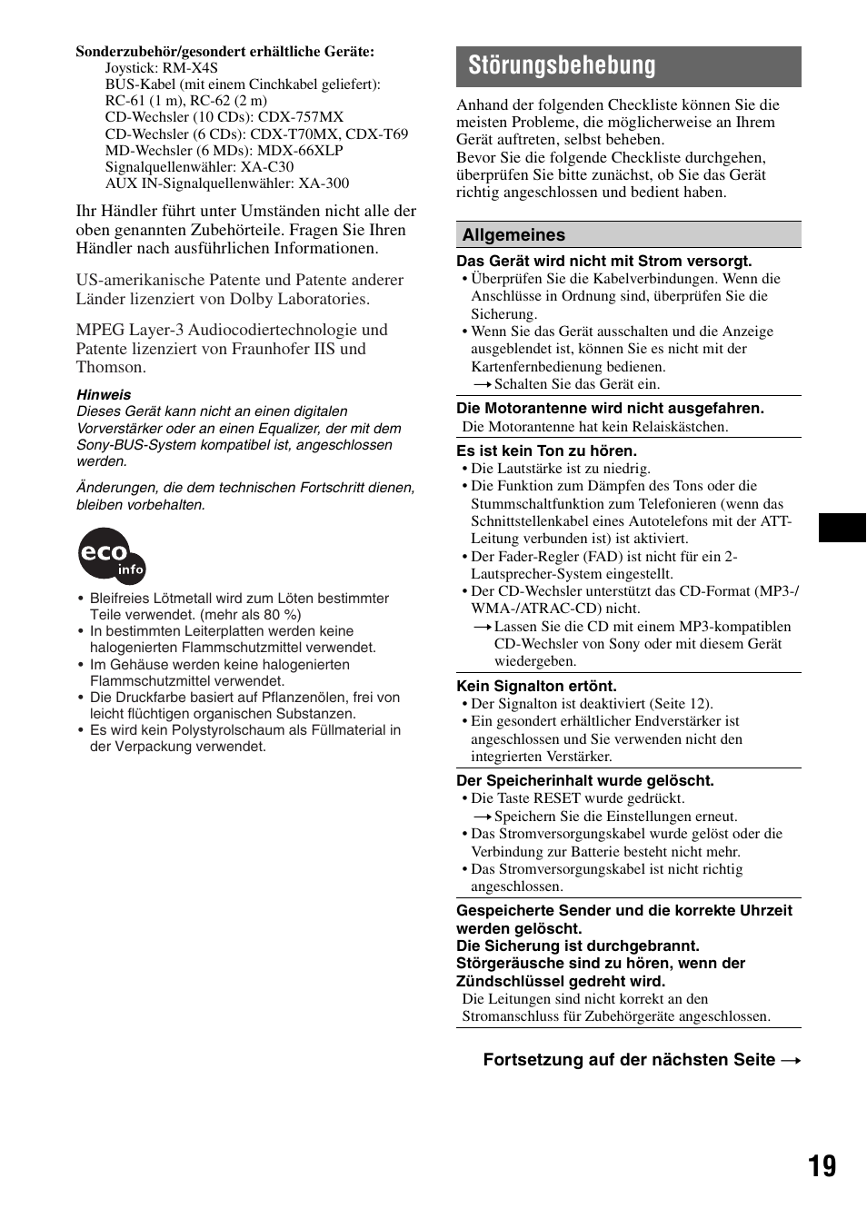 Störungsbehebung | Sony CDX-GT300S User Manual | Page 37 / 100