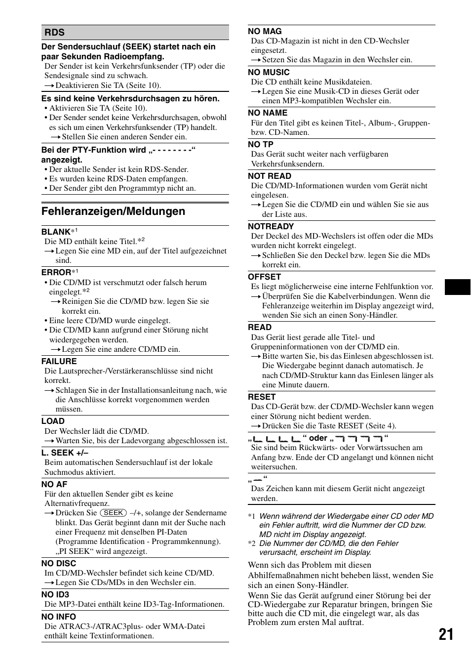 Fehleranzeigen/meldungen | Sony CDX-GT300S User Manual | Page 39 / 100