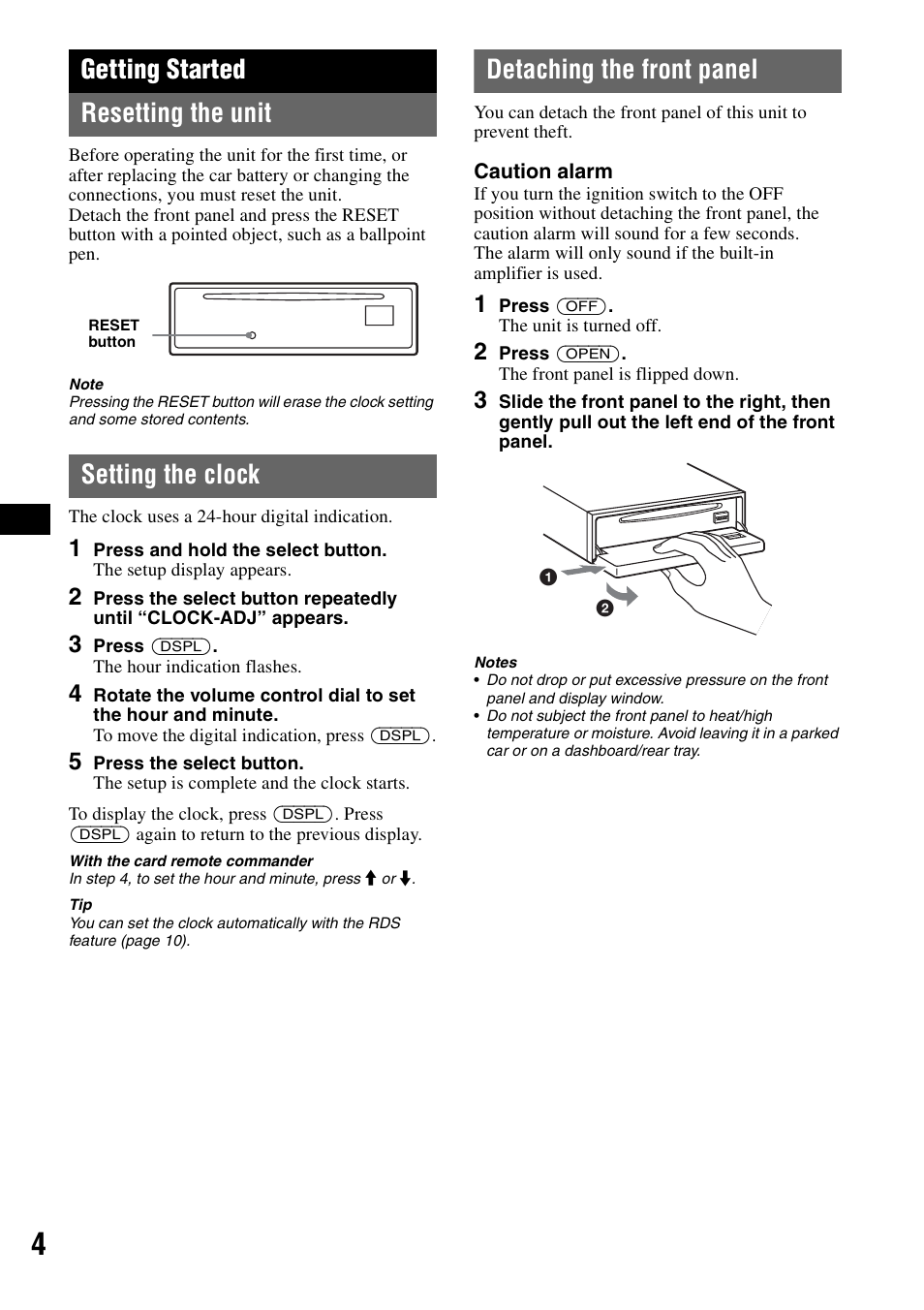 Getting started, Resetting the unit, Setting the clock | Detaching the front panel, Getting started resetting the unit | Sony CDX-GT300S User Manual | Page 4 / 100