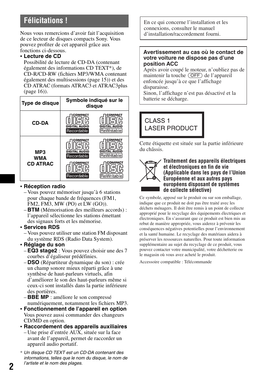 Félicitations | Sony CDX-GT300S User Manual | Page 40 / 100