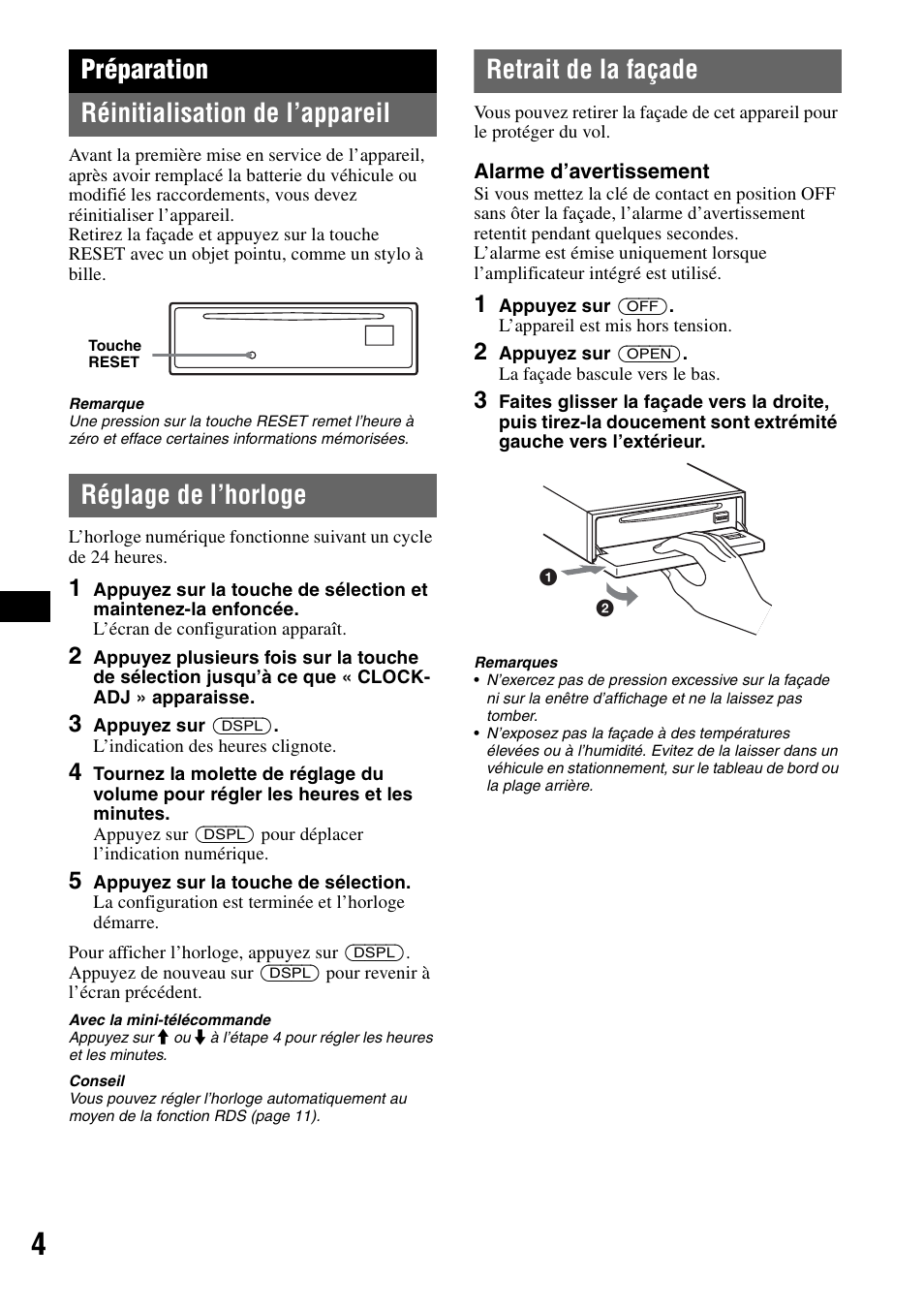 Préparation, Réinitialisation de l’appareil, Réglage de l’horloge | Retrait de la façade, Préparation réinitialisation de l’appareil | Sony CDX-GT300S User Manual | Page 42 / 100