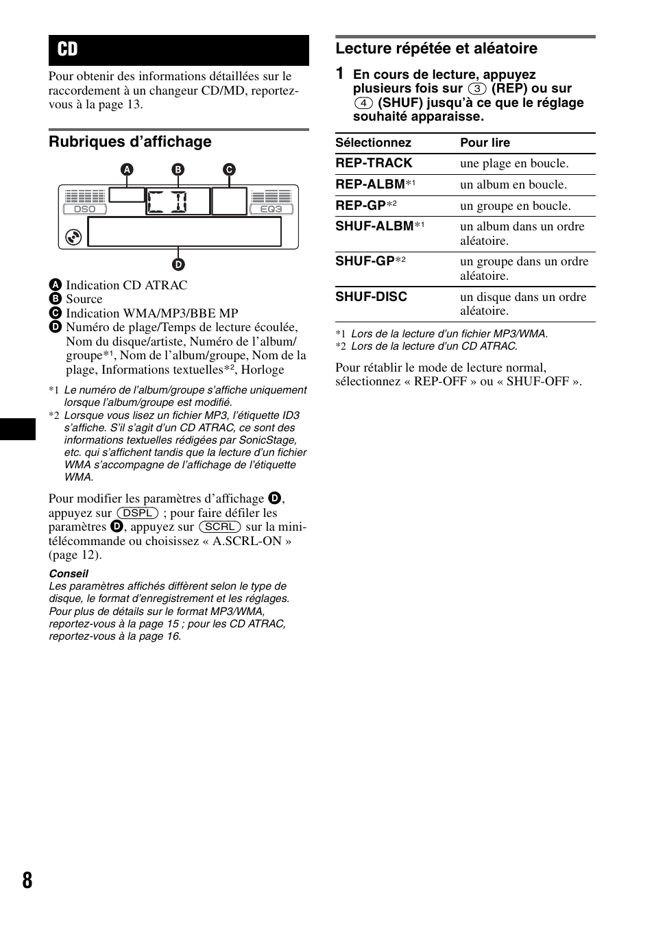 Rubriques d’affichage, Lecture répétée et aléatoire, Rubriques d’affichage lecture répétée et aléatoire | Ep 8 | Sony CDX-GT300S User Manual | Page 46 / 100