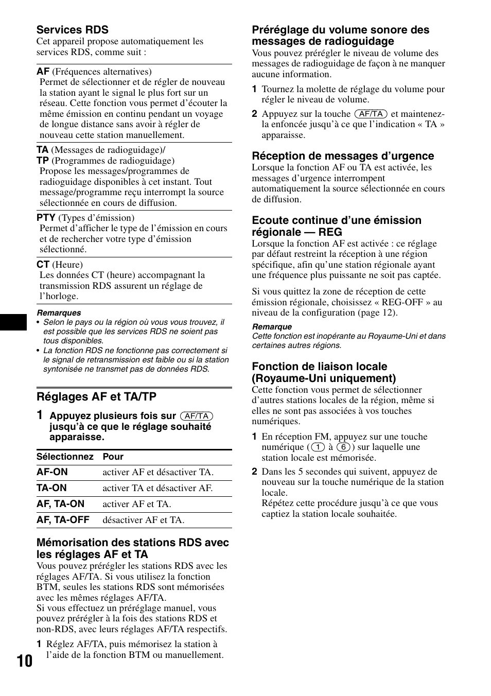 Réglages af et ta/tp | Sony CDX-GT300S User Manual | Page 48 / 100