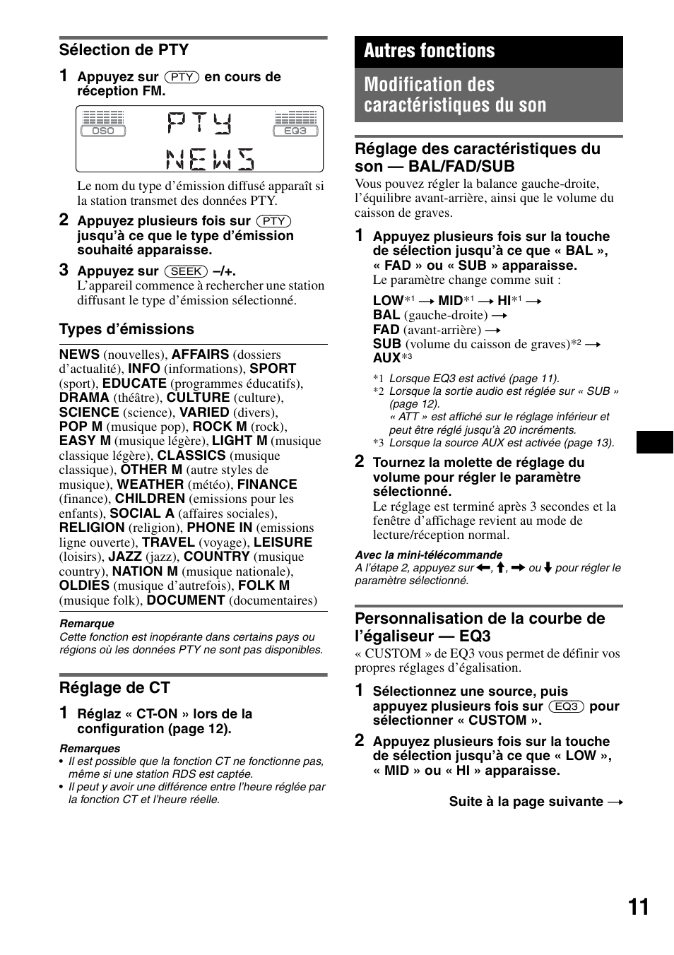 Sélection de pty, Réglage de ct, Autres fonctions | Modification des caractéristiques du son, Réglage des caractéristiques du son - bal/fad/sub, Personnalisation de la courbe de l’égaliseur - eq3, Sélection de pty réglage de ct, Réglage des caractéristiques du son, Bal/fad/sub personnalisation de la courbe de, L’égaliseur — eq3 | Sony CDX-GT300S User Manual | Page 49 / 100