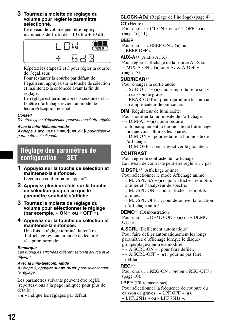 Réglage des paramètres de configuration - set, Réglage des paramètres de configuration, Réglage des paramètres de configuration — set | Sony CDX-GT300S User Manual | Page 50 / 100