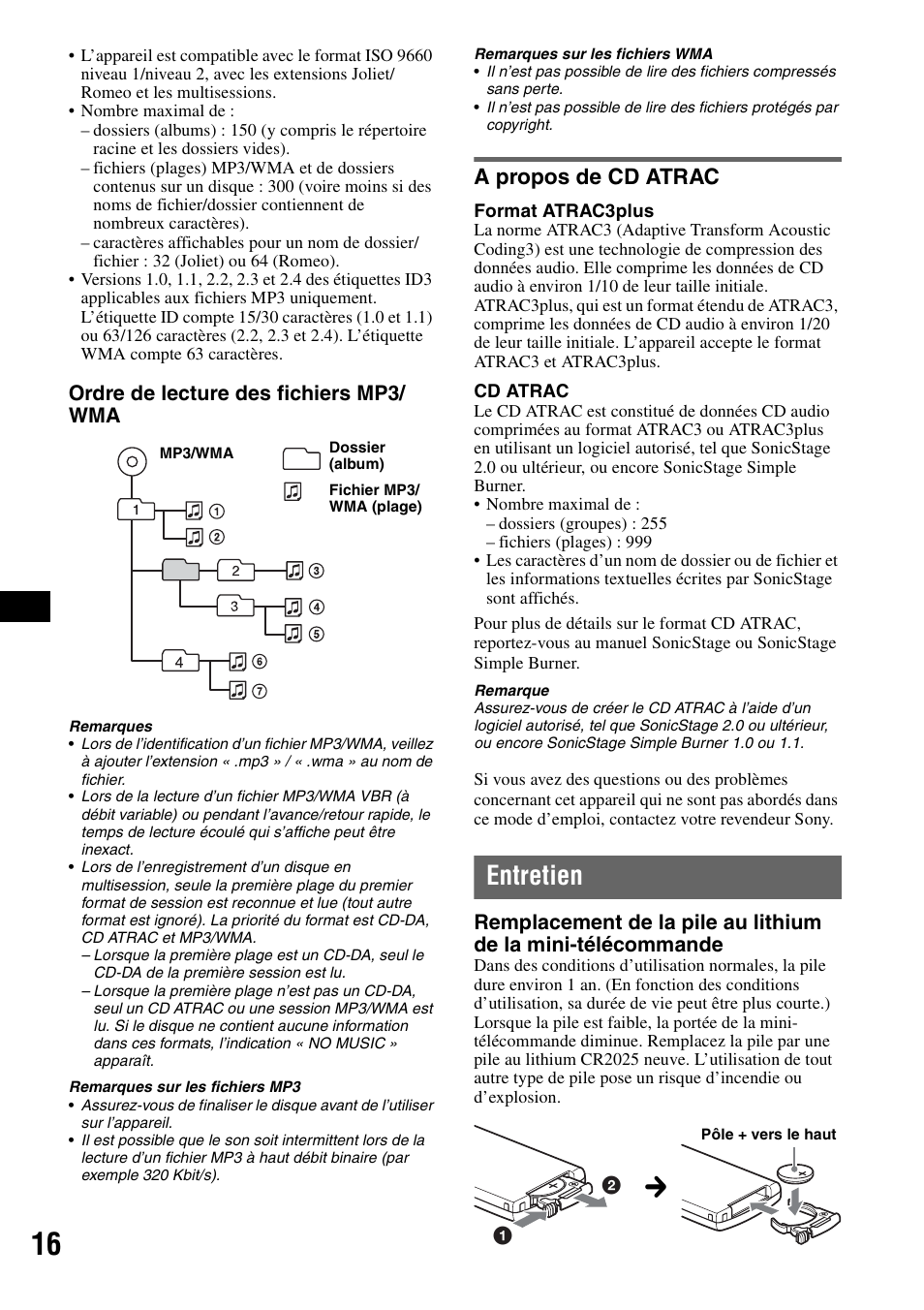 A propos de cd atrac, Entretien, Ordre de lecture des fichiers mp3/ wma | Sony CDX-GT300S User Manual | Page 54 / 100