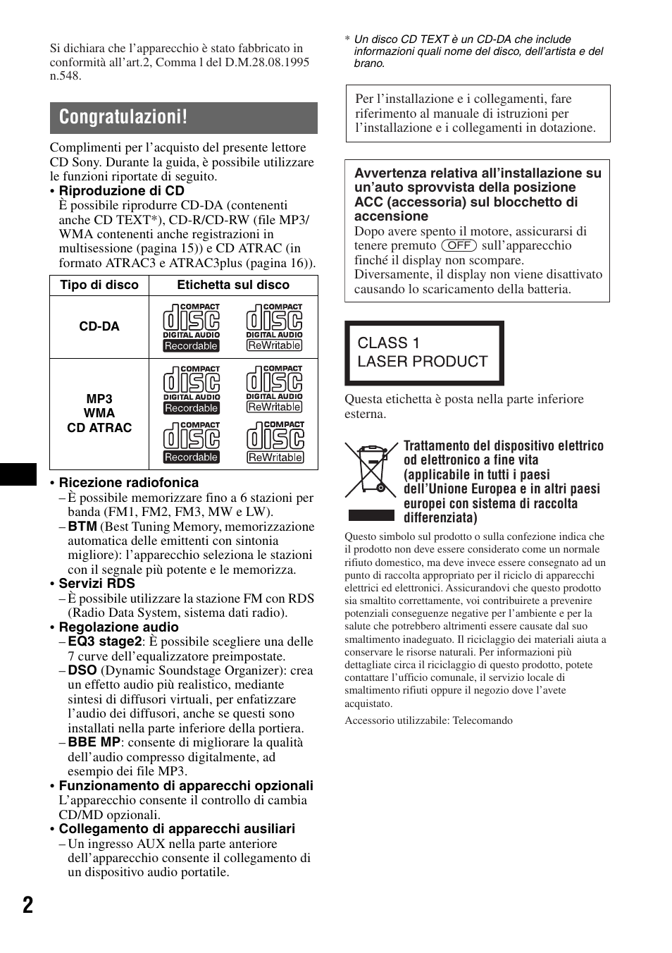 Congratulazioni | Sony CDX-GT300S User Manual | Page 60 / 100