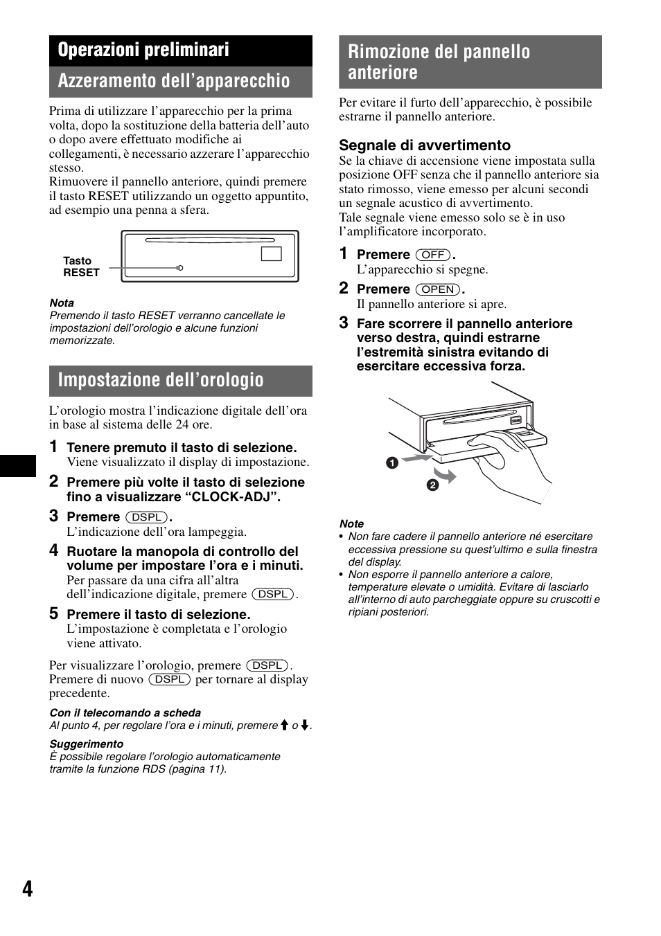 Operazioni preliminari, Azzeramento dell’apparecchio, Impostazione dell’orologio | Rimozione del pannello anteriore | Sony CDX-GT300S User Manual | Page 62 / 100