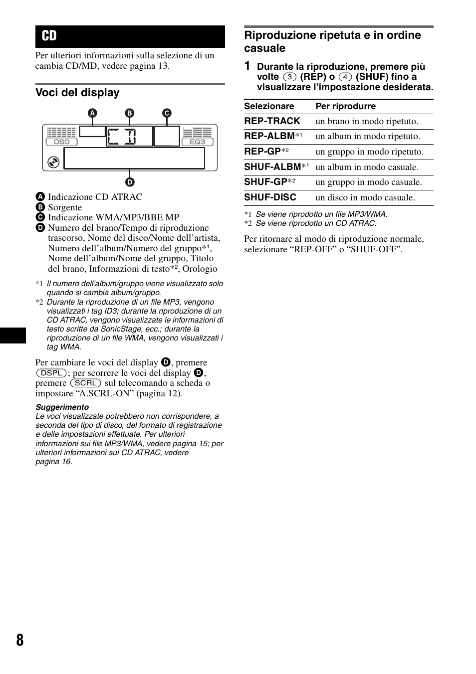 Voci del display, Riproduzione ripetuta e in ordine casuale, Ep 8 | Sony CDX-GT300S User Manual | Page 66 / 100