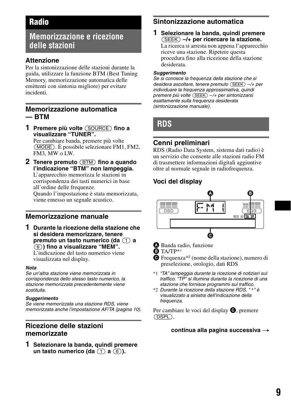 Radio, Memorizzazione e ricezione delle stazioni, Memorizzazione automatica - btm | Memorizzazione manuale, Ricezione delle stazioni memorizzate, Sintonizzazione automatica, Cenni preliminari, Memorizzazione automatica | Sony CDX-GT300S User Manual | Page 67 / 100