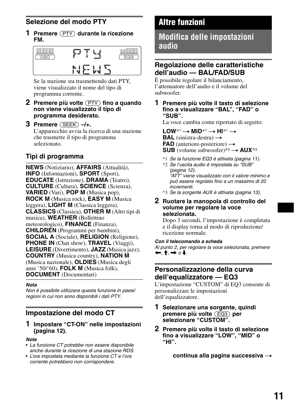 Selezione del modo pty, Impostazione del modo ct, Altre funzioni | Modifica delle impostazioni audio, Selezione del modo pty impostazione del modo ct, Regolazione delle caratteristiche dell’audio, Altre funzioni modifica delle impostazioni audio | Sony CDX-GT300S User Manual | Page 69 / 100