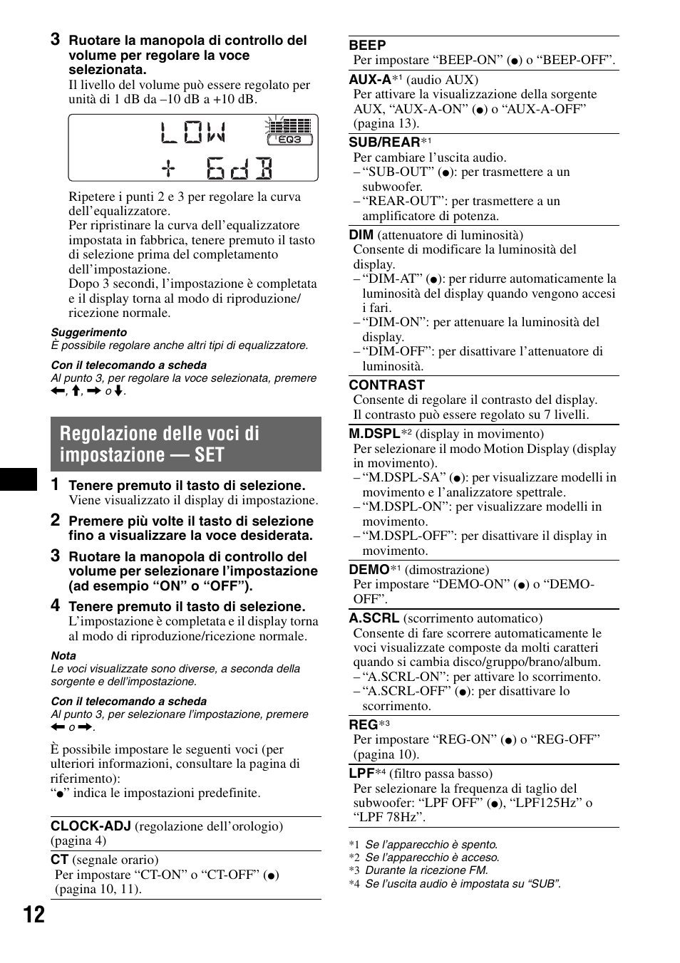 Regolazione delle voci di impostazione - set, Regolazione delle voci di impostazione, Regolazione delle voci di impostazione — set | Sony CDX-GT300S User Manual | Page 70 / 100