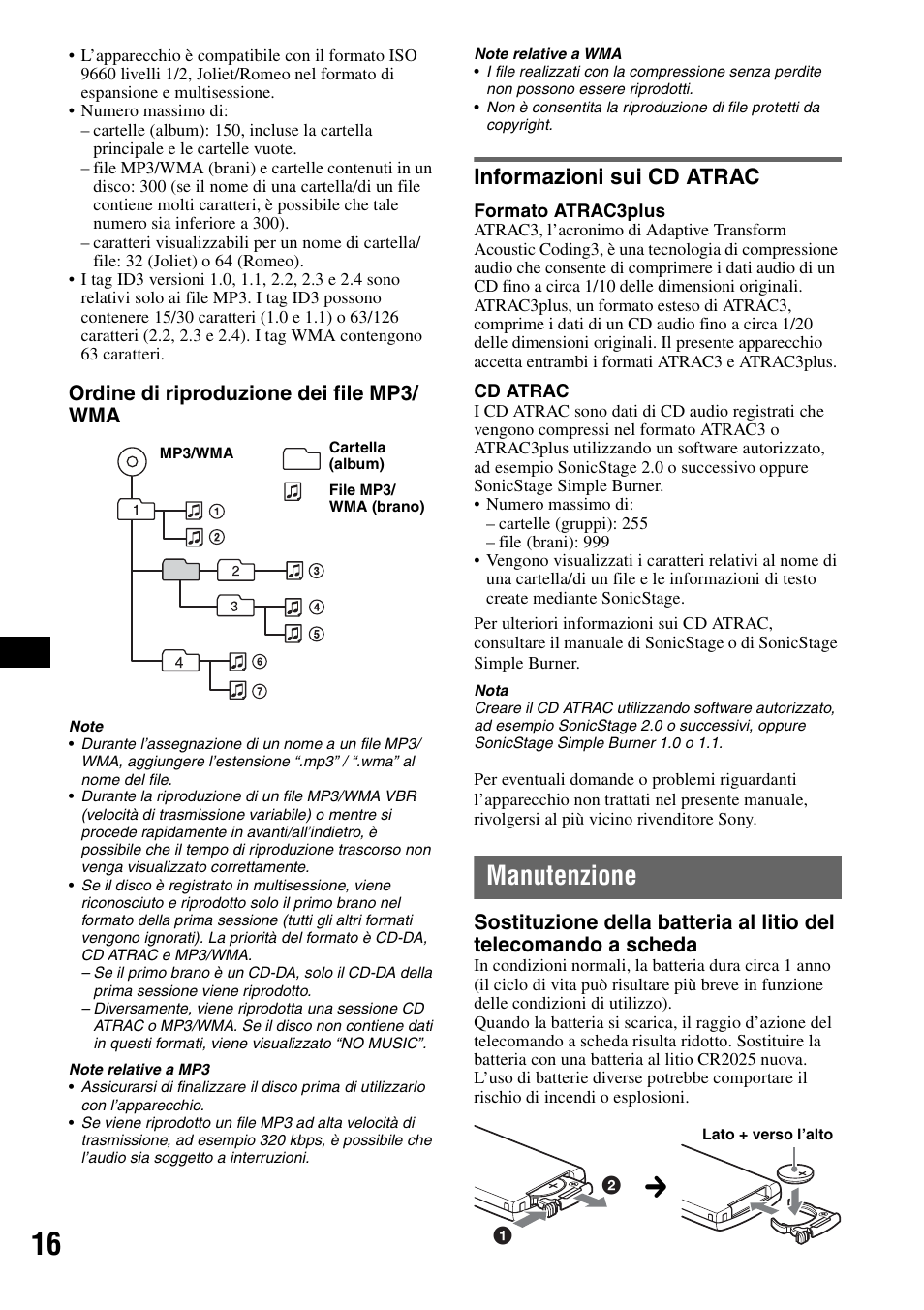 Informazioni sui cd atrac, Manutenzione, Ordine di riproduzione dei file mp3/ wma | Sony CDX-GT300S User Manual | Page 74 / 100