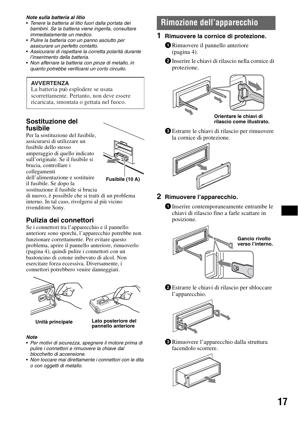 Rimozione dell’apparecchio | Sony CDX-GT300S User Manual | Page 75 / 100