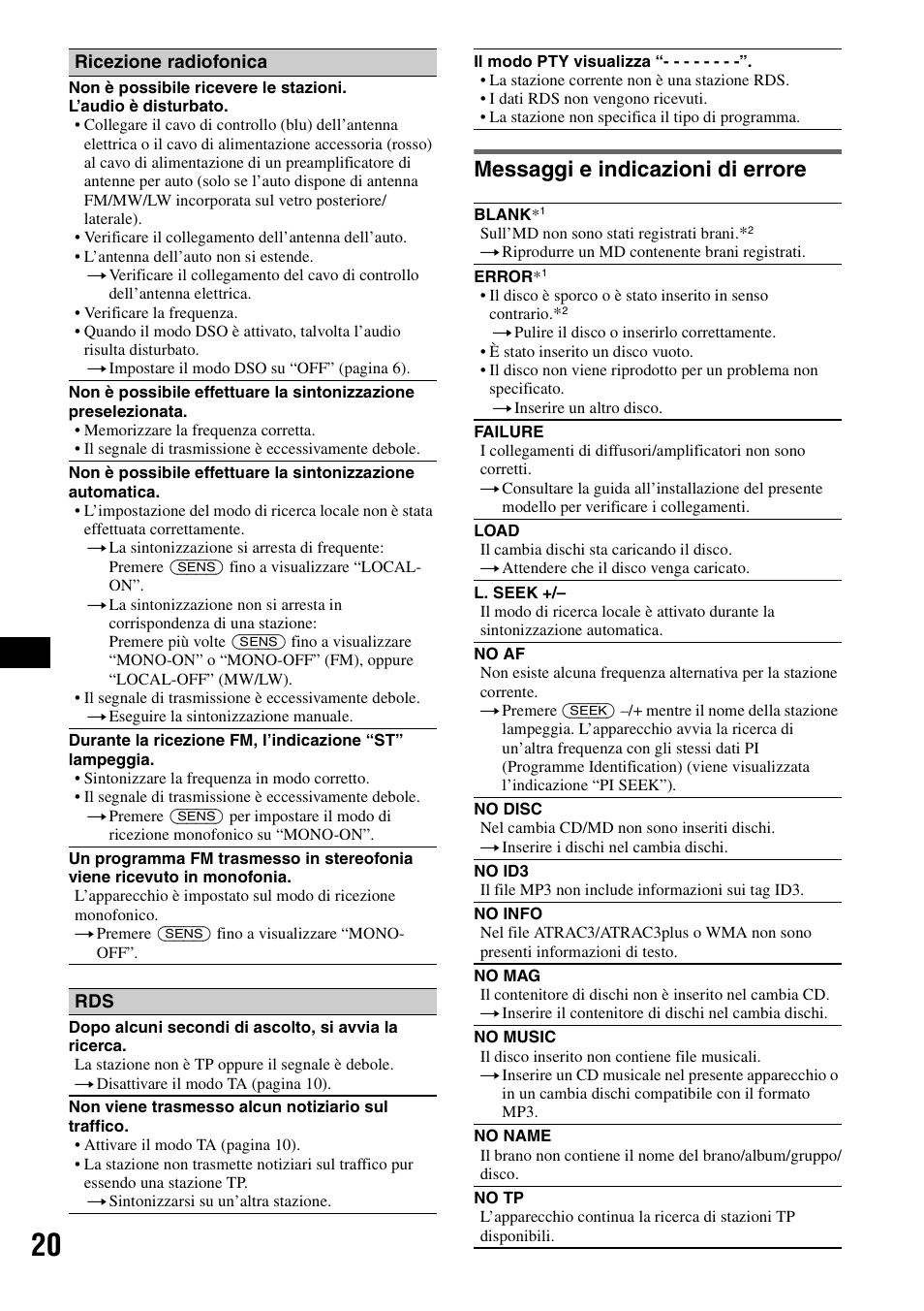 Messaggi e indicazioni di errore | Sony CDX-GT300S User Manual | Page 78 / 100
