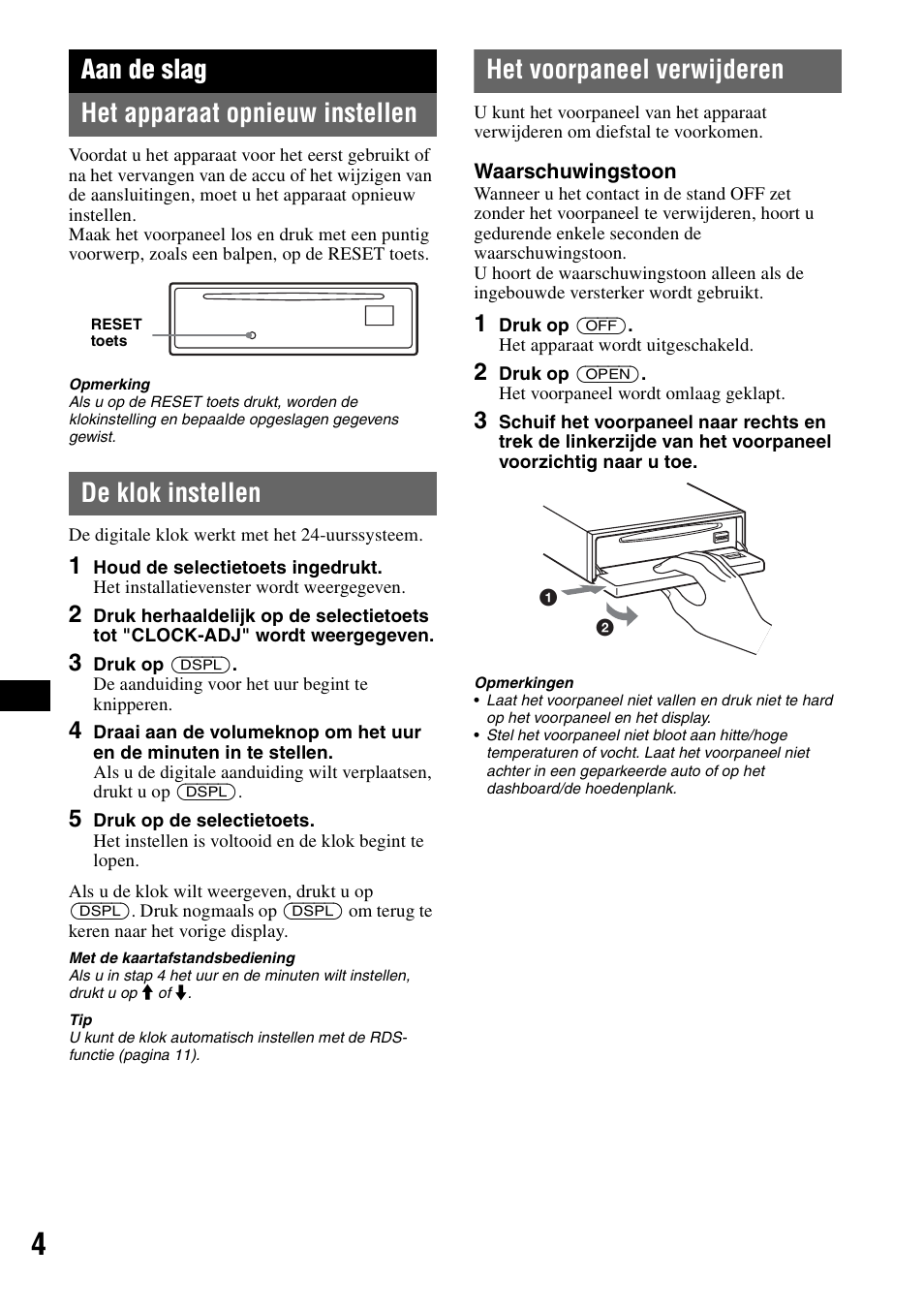Aan de slag, Het apparaat opnieuw instellen, De klok instellen | Het voorpaneel verwijderen, Aan de slag het apparaat opnieuw instellen | Sony CDX-GT300S User Manual | Page 82 / 100