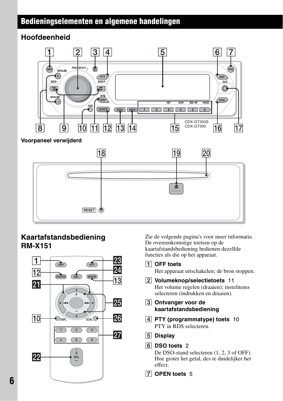 Bedieningselementen en algemene handelingen, Hoofdeenheid, Kaartafstandsbediening rm-x151 | Hoofdeenheid kaartafstandsbediening rm-x151, Ql w; qk | Sony CDX-GT300S User Manual | Page 84 / 100