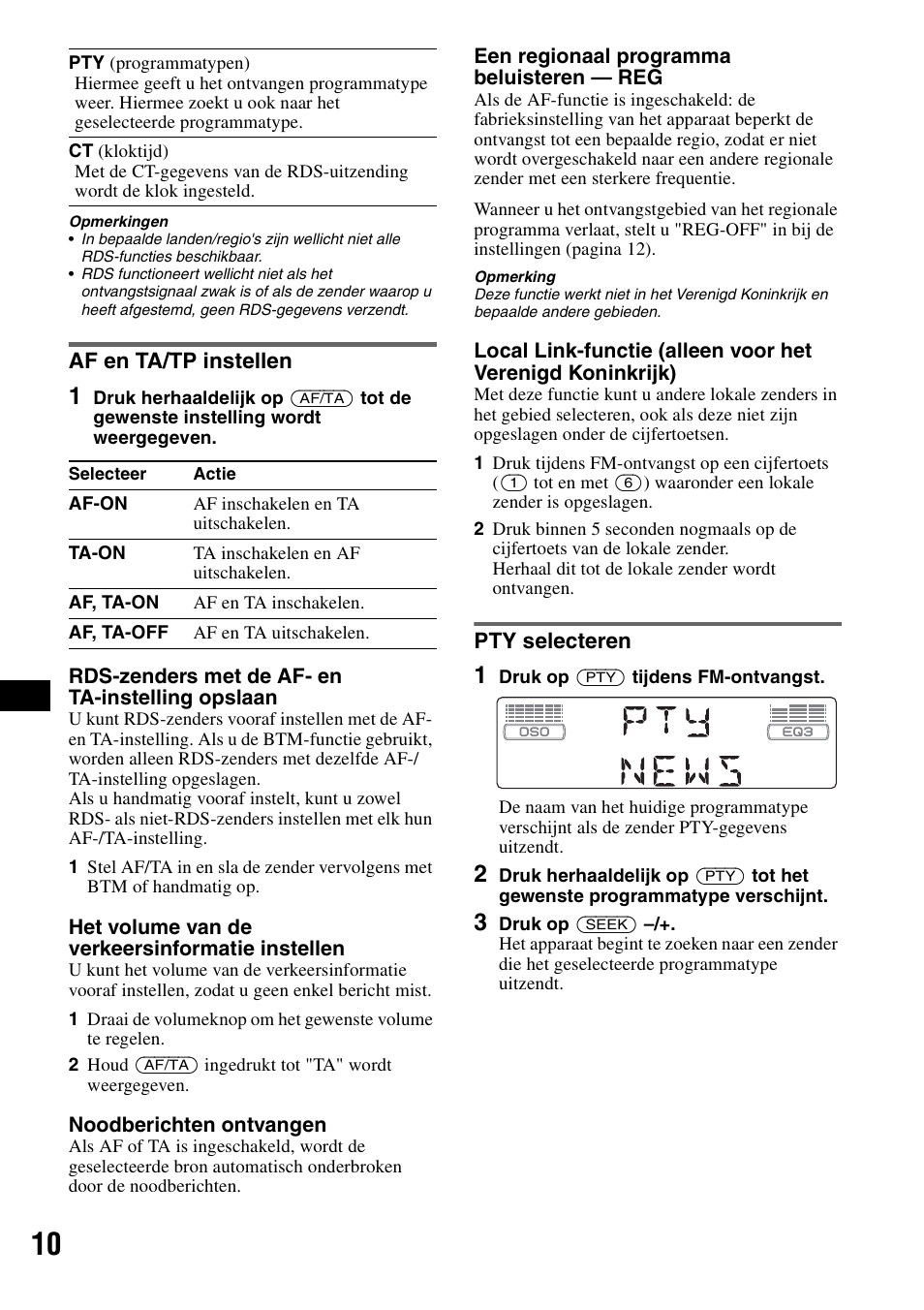 Af en ta/tp instellen, Pty selecteren, Af en ta/tp instellen pty selecteren | S 10 | Sony CDX-GT300S User Manual | Page 88 / 100