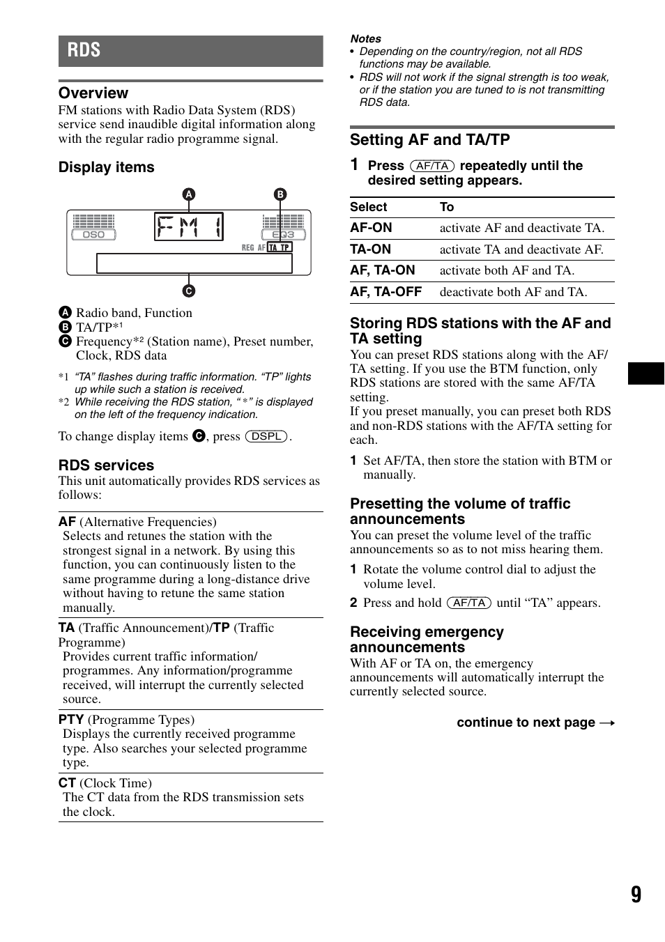 Overview, Setting af and ta/tp, Overview setting af and ta/tp | Sony CDX-GT300S User Manual | Page 9 / 100