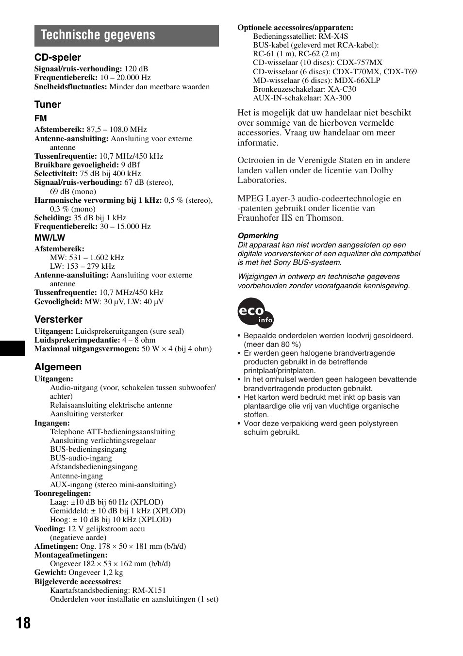 Technische gegevens | Sony CDX-GT300S User Manual | Page 96 / 100