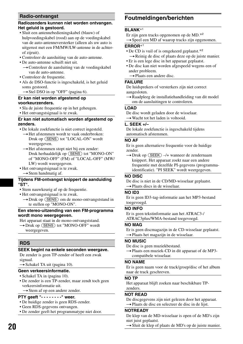 Foutmeldingen/berichten | Sony CDX-GT300S User Manual | Page 98 / 100