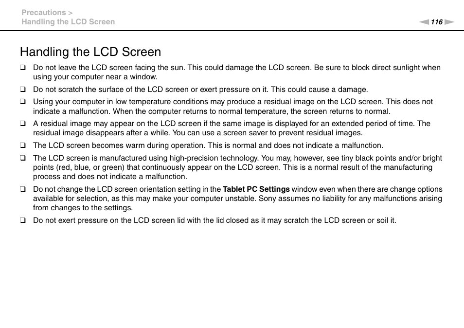 Handling the lcd screen | Sony VAIO VPCF2 User Manual | Page 116 / 174