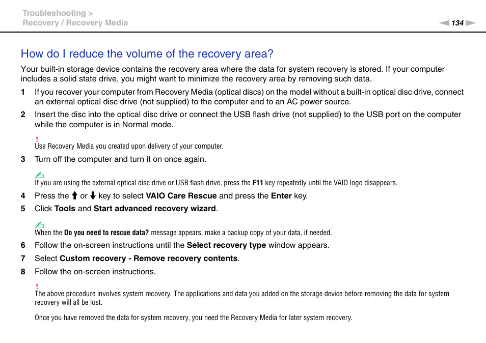 How do i reduce the volume of the recovery area | Sony VAIO VPCF2 User Manual | Page 134 / 174