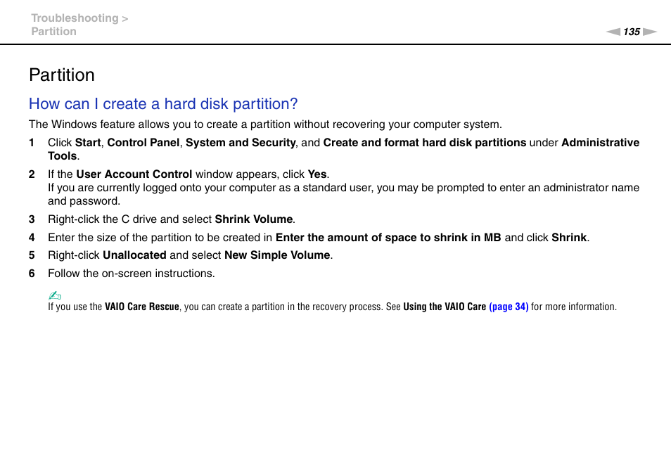 Partition, How can i create a hard disk partition | Sony VAIO VPCF2 User Manual | Page 135 / 174