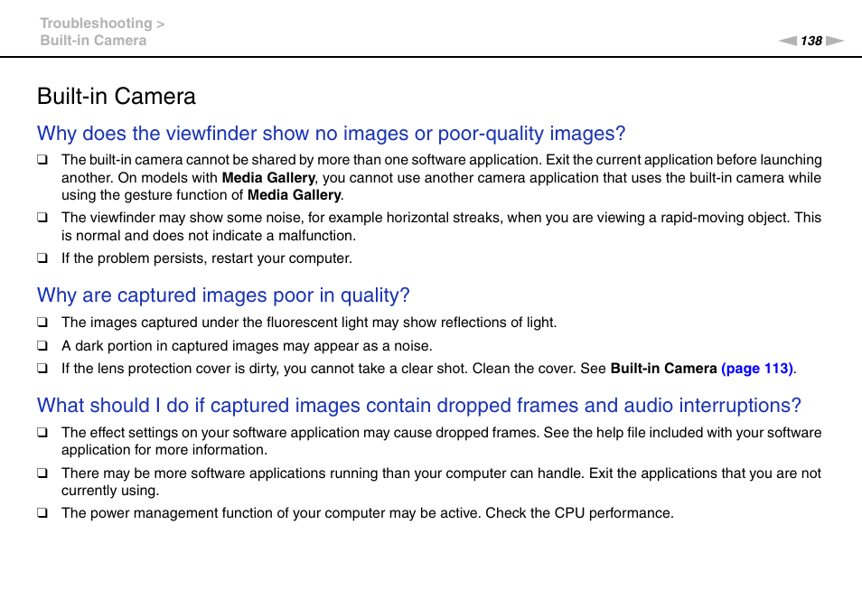 Built-in camera, Why are captured images poor in quality | Sony VAIO VPCF2 User Manual | Page 138 / 174