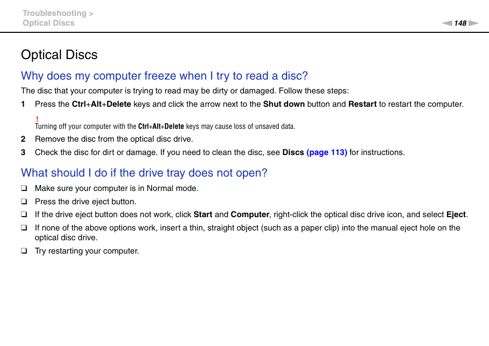 Optical discs, What should i do if the drive tray does not open | Sony VAIO VPCF2 User Manual | Page 148 / 174