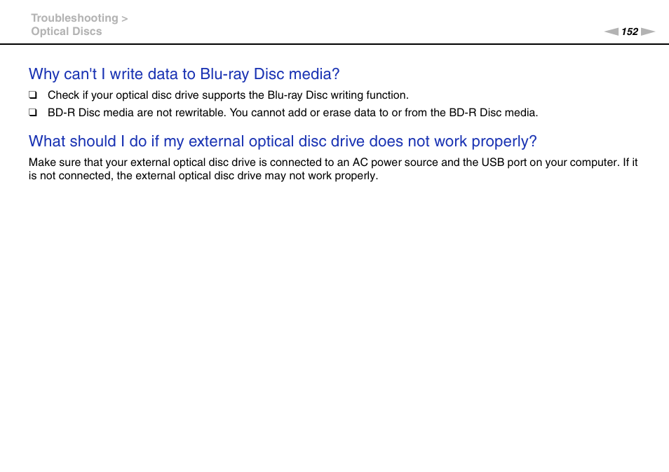 Why can't i write data to blu-ray disc media | Sony VAIO VPCF2 User Manual | Page 152 / 174