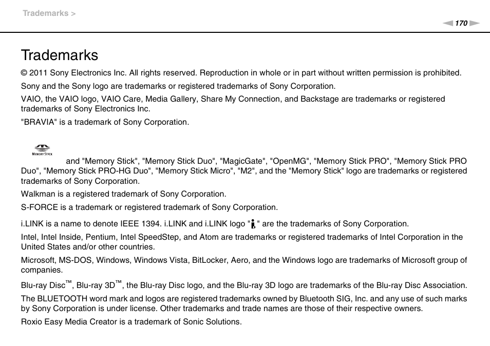 Trademarks | Sony VAIO VPCF2 User Manual | Page 170 / 174