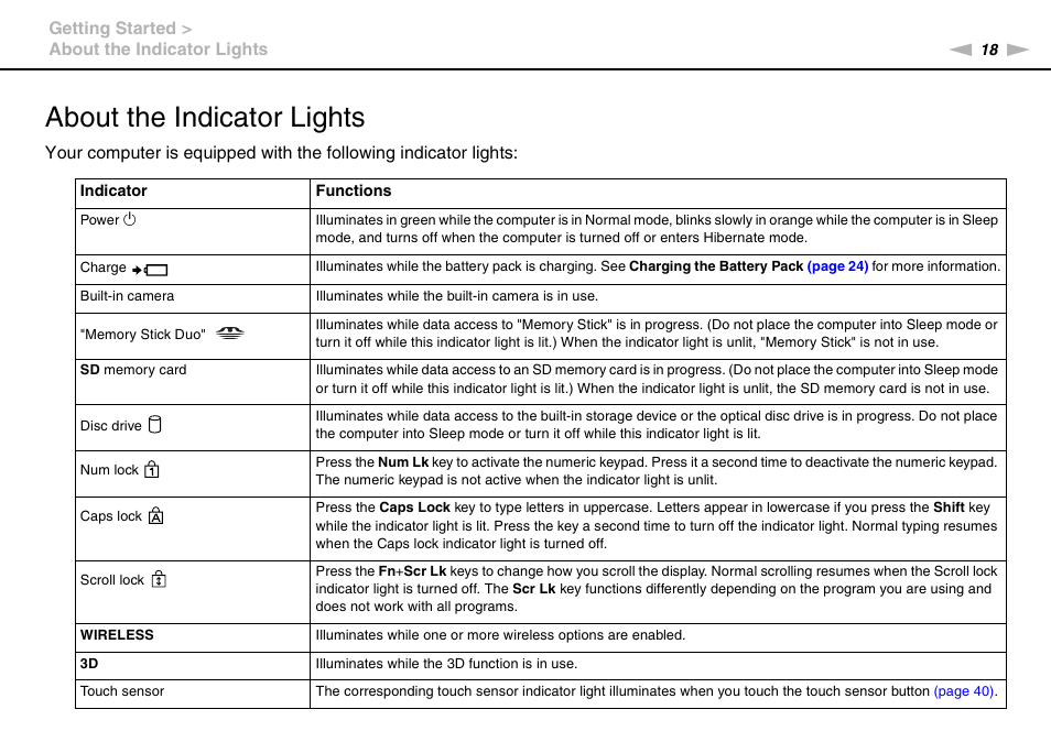 About the indicator lights | Sony VAIO VPCF2 User Manual | Page 18 / 174