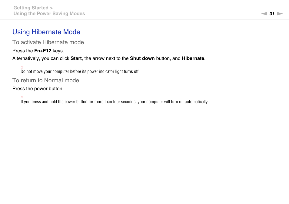 Using hibernate mode | Sony VAIO VPCF2 User Manual | Page 31 / 174