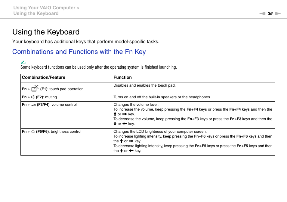 Using the keyboard, Combinations and functions with the fn key | Sony VAIO VPCF2 User Manual | Page 36 / 174