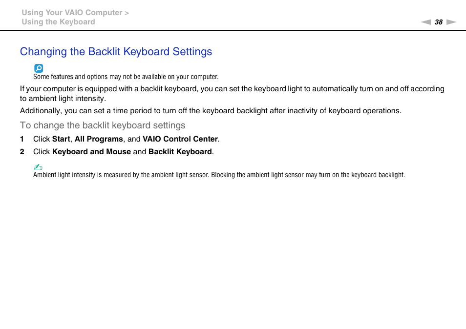 Changing the backlit keyboard settings | Sony VAIO VPCF2 User Manual | Page 38 / 174