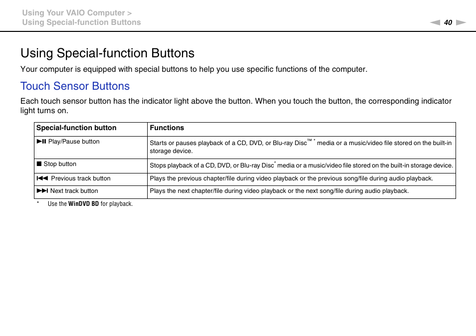 Using special-function buttons, Touch sensor buttons | Sony VAIO VPCF2 User Manual | Page 40 / 174