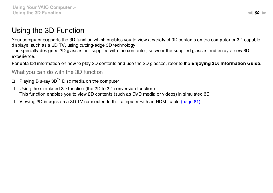 Using the 3d function, What you can do with the 3d function | Sony VAIO VPCF2 User Manual | Page 50 / 174