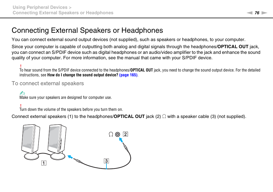 Connecting external speakers or headphones | Sony VAIO VPCF2 User Manual | Page 76 / 174