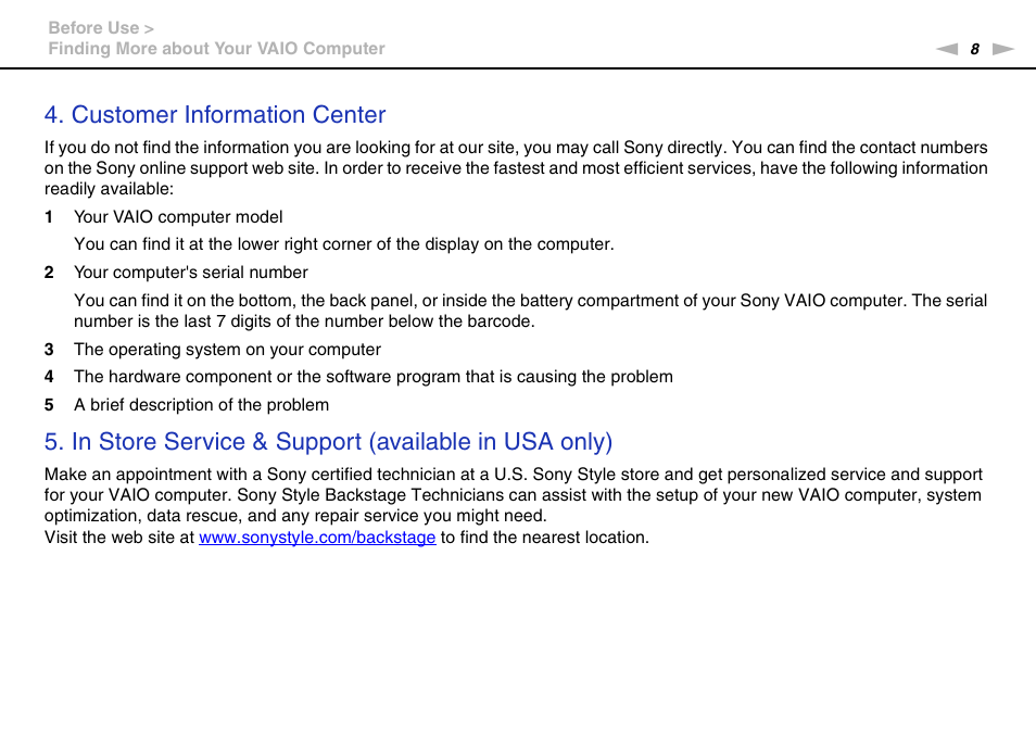 Customer information center | Sony VAIO VPCF2 User Manual | Page 8 / 174