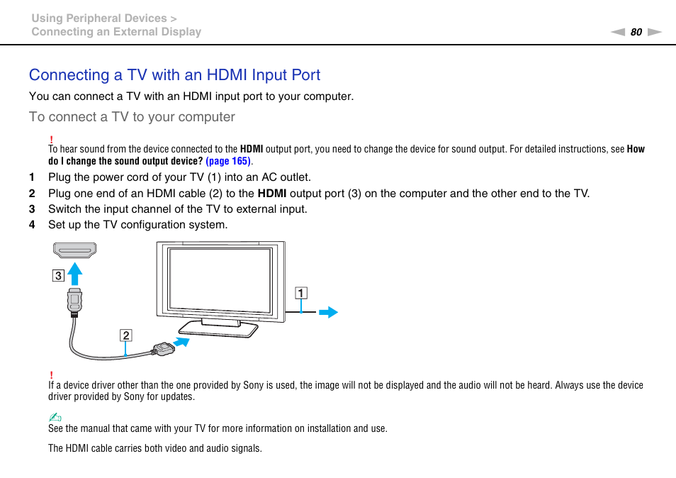 Connecting a tv with an hdmi input port | Sony VAIO VPCF2 User Manual | Page 80 / 174