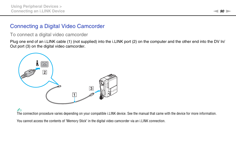 Connecting a digital video camcorder | Sony VAIO VPCF2 User Manual | Page 90 / 174