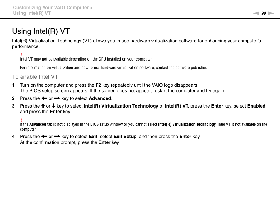 Using intel(r) vt | Sony VAIO VPCF2 User Manual | Page 98 / 174