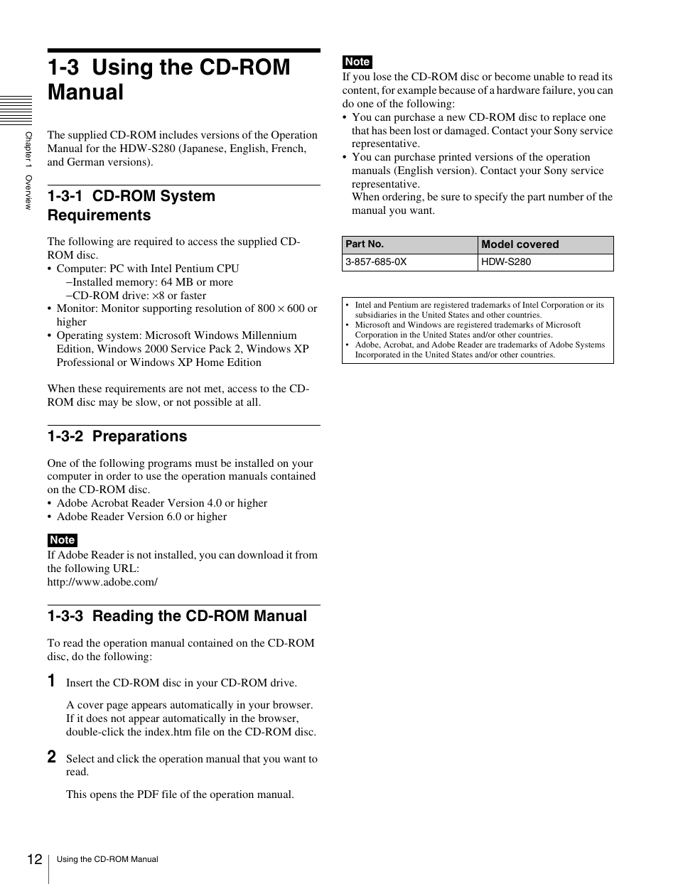 3 using the cd-rom manual, 3-1 cd-rom system requirements, 3-2 preparations | 3-3 reading the cd-rom manual, Using the cd-rom manual, Cd-rom system requirements, Preparations, Reading the cd-rom manual | Sony HDW-S280 User Manual | Page 12 / 94