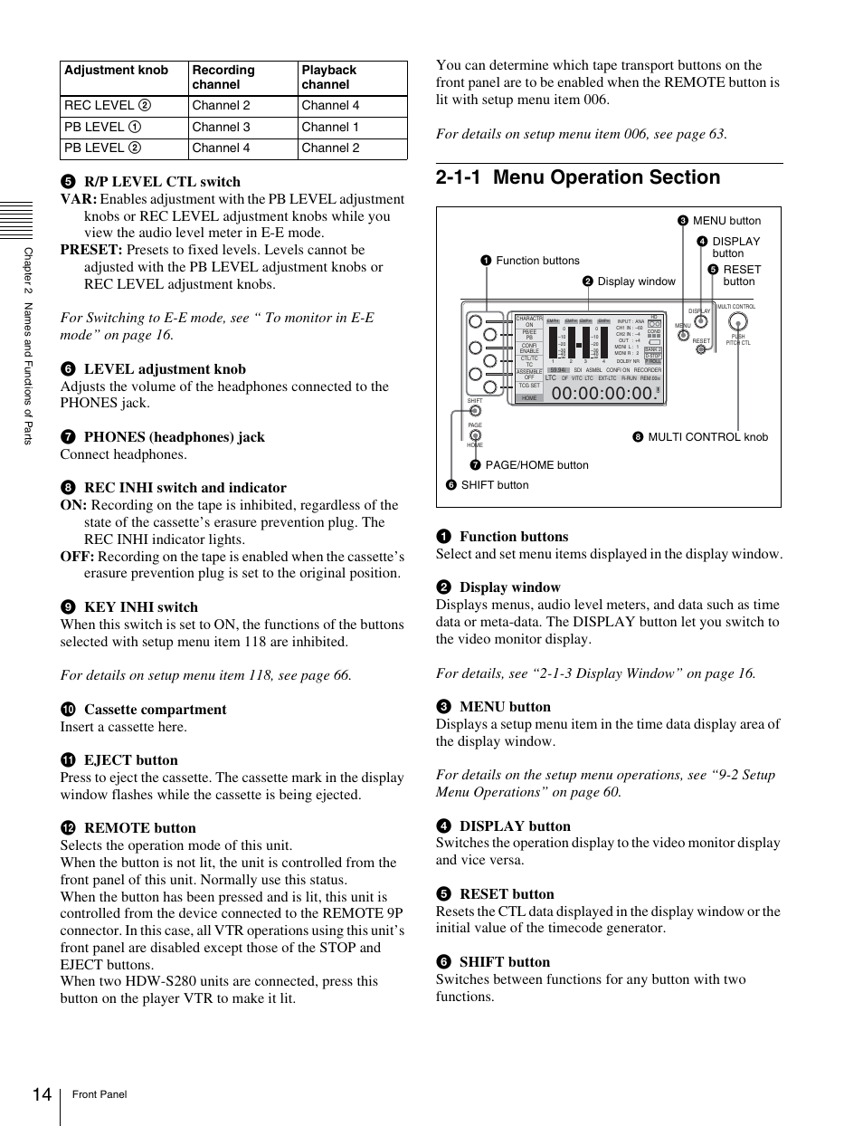 1-1 menu operation section, Menu operation section | Sony HDW-S280 User Manual | Page 14 / 94