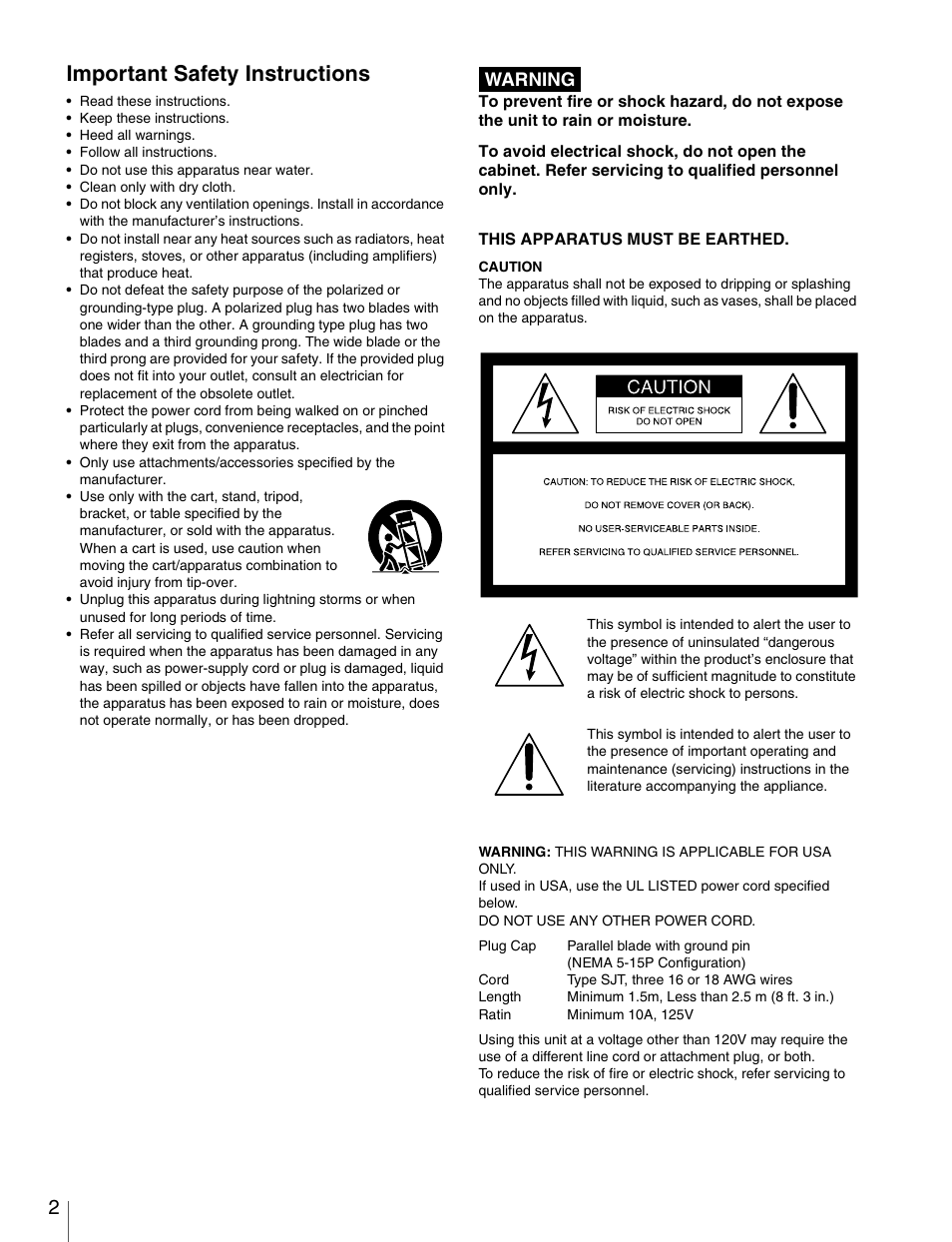 Important safety instructions | Sony HDW-S280 User Manual | Page 2 / 94