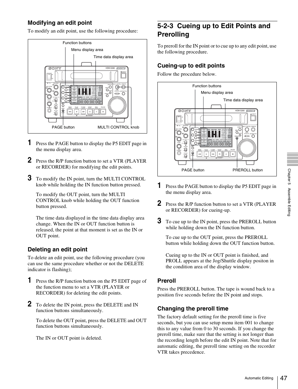 2-3 cueing up to edit points and prerolling, Cueing up to edit points and prerolling, Modifying an edit point | Deleting an edit point, Cueing-up to edit points, Preroll, Changing the preroll time, Follow the procedure below | Sony HDW-S280 User Manual | Page 47 / 94