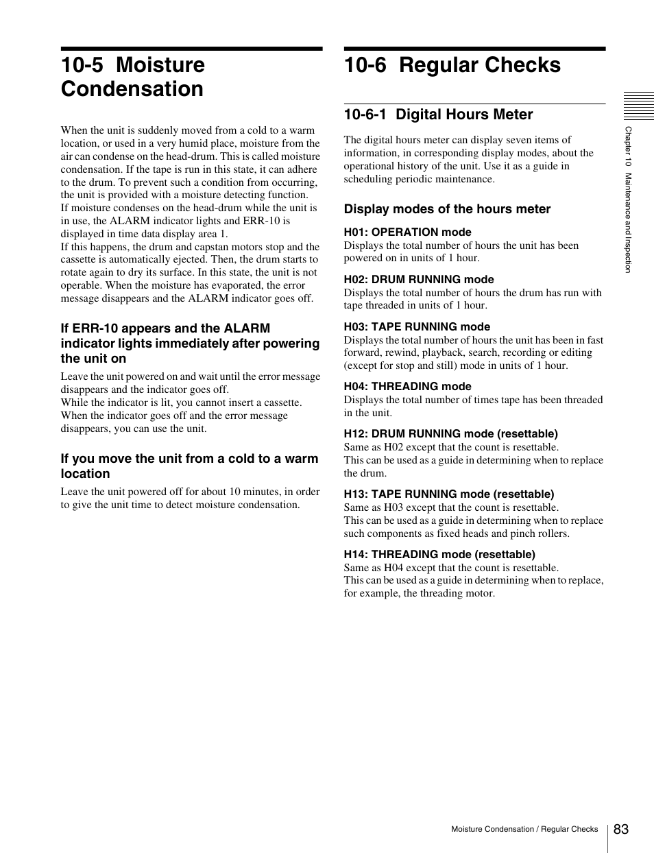 5 moisture condensation, 6 regular checks, 6-1 digital hours meter | Moisture condensation, Regular checks, Digital hours meter | Sony HDW-S280 User Manual | Page 83 / 94