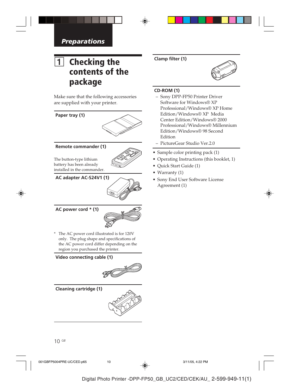 1checking the contents of the package, Preparations | Sony DPP-FP50 User Manual | Page 10 / 100